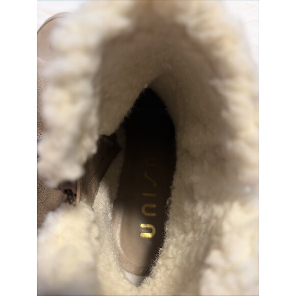 Unisa Wedge Tan Suede Ankle Winter Boots Women 8.5M Sherpa Lined Boho NEW - Picture 7 of 14